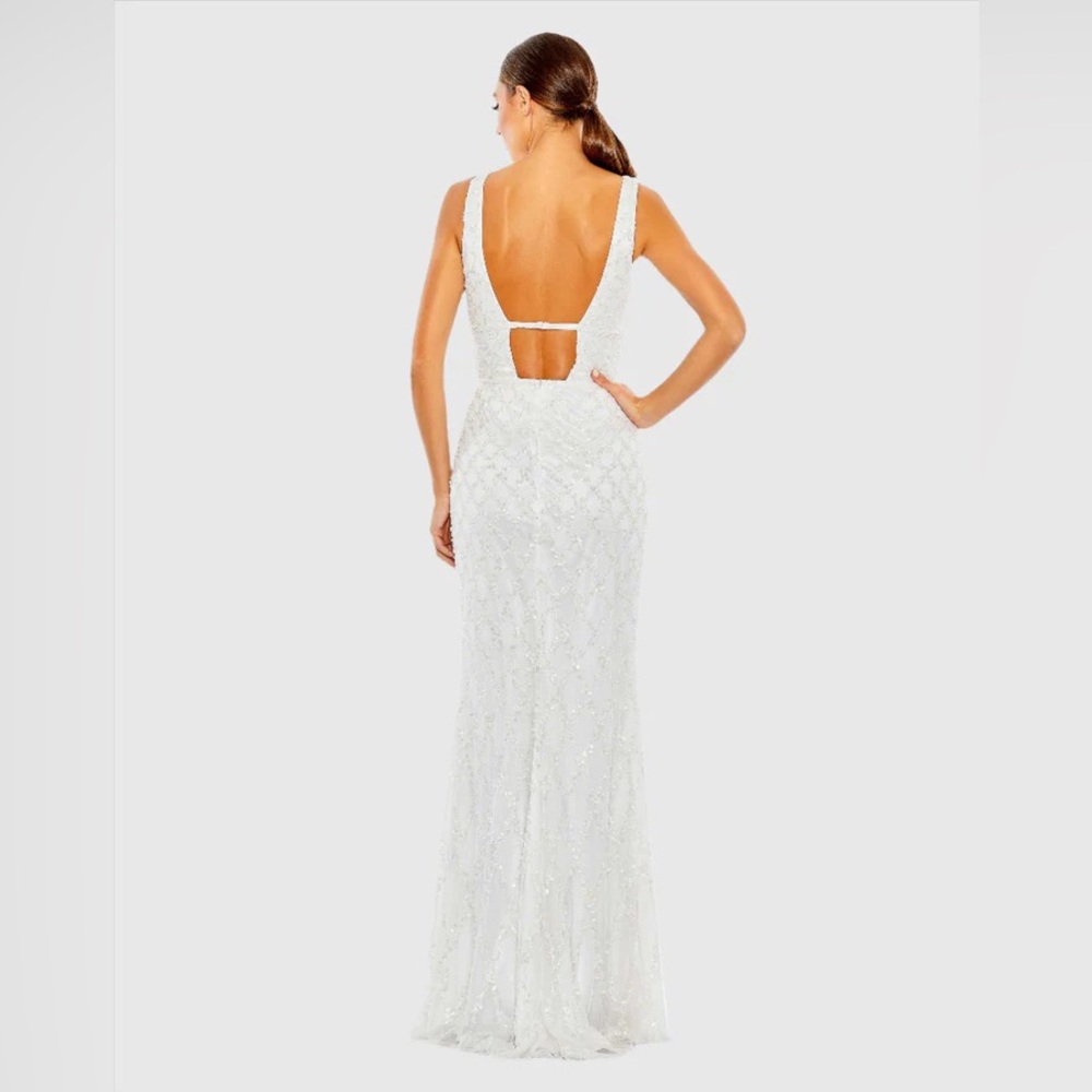 Mac Duggal White Beaded V-Neck Maxi Dress - Picture 2 of 14